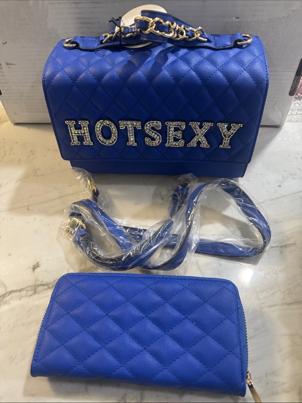 Blue Quilted Shoulder Bag with Crystal 'HOTSEXY' Lettering - Picture 1 of 11